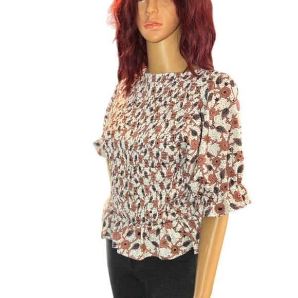 Melloday Smocked Ruffle Hem Print Top size medium - Picture 2 of 7
